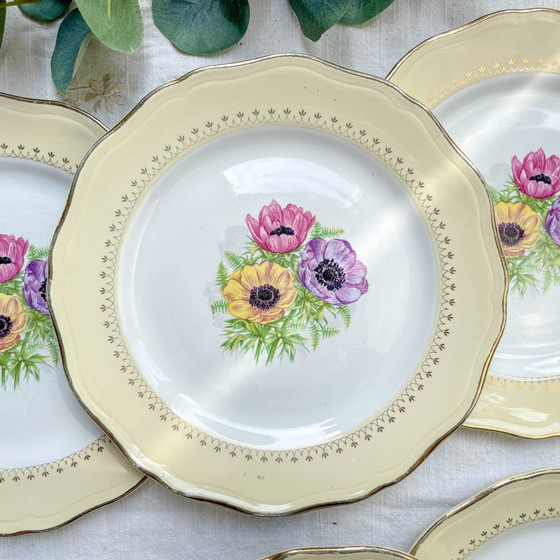 Vintage Porseleinen Dinerborden met Wit, Geel & Gouden Bloemenpatroon, L'Amandinoise "Coopélia" - Vintage (photo 13 of 16)