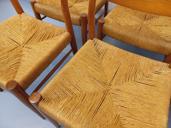 Image 1 of Suite de 6 chaises vintage italiennes en teck et corde danoise Gessef Consorzio Sedie Friuli