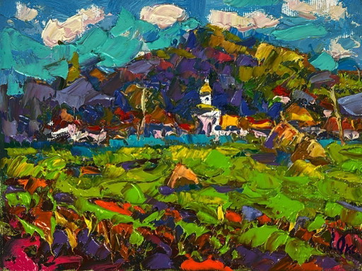 Origineel olieverfschilderij: Landelijk landschap. Een dorp is in de verte te zien.