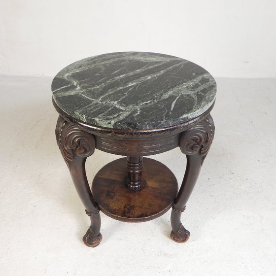 Tavolino rotondo antico in mogano con piano in marmo venato di verde, inizio XX secolo. – Tavolini, Marble (photo 6 of 17)