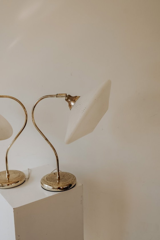 Image 1 of Set of 2 vintage brass table lamps with glass shades