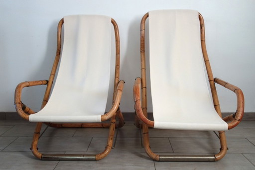 Paar klappbare Liegestühle aus Bambus und Messing, Italien, 1960er Jahre – klapstoelen, Textile, Canvas (photo 2 of 15)