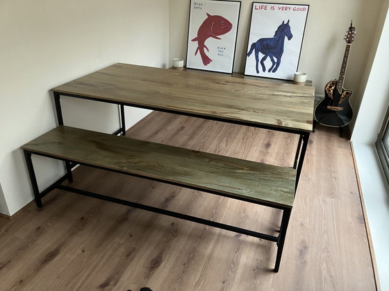 Image 1 of Large industrial dining table and benches 
