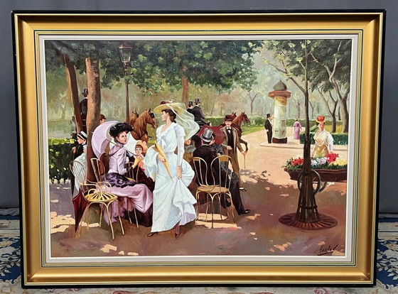 "Nel parco" Dipinto a olio belga firmato., Dipinti e disegni, Tela, Mid Century Modern (foto 3 di 8)