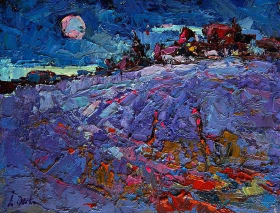 Image 1 of Original Oil Painting Night Field Landscape Moonlit night in the field