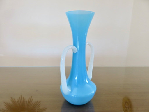 Soliflore vase in blue opaline and opalescent glass, France, 1960-1970