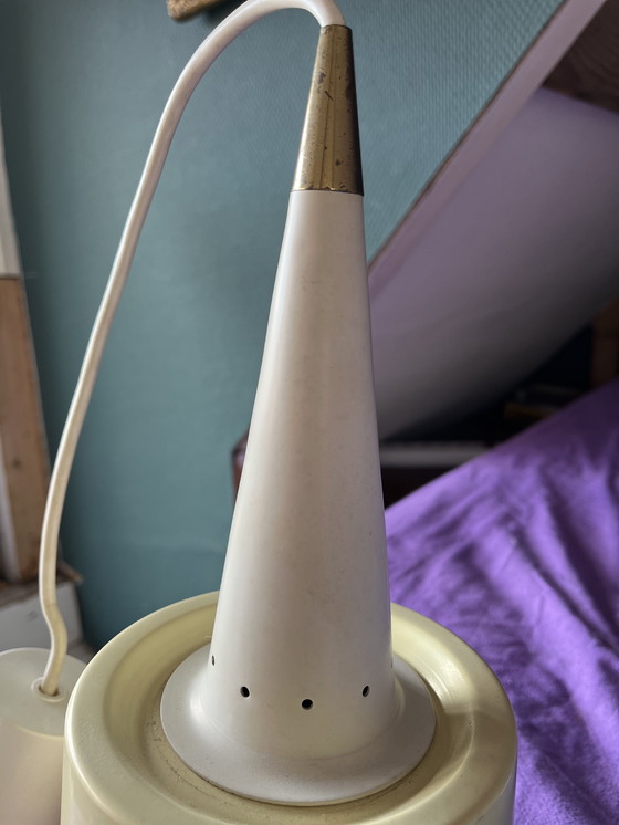 Image 1 of Set of 2 original Mid - Century pendant lamps - pastel blue & pastel yellow (1950s/60s)