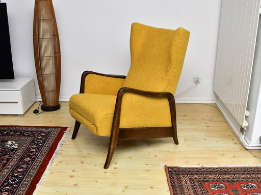 Wingback Armchair with Folding Footrest in Yellow Bouclé, 1950s