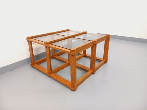 Image 1 of Vintage square coffee table in pine and smoked glass from the 70s/80s