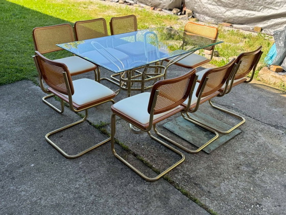 Italian Brass Dining Set with Table and Chairs, 1970s, Set of 9 – Leather, Glass, Hollywood Regency (photo 5 of 7)