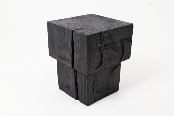 Rustic Sculptural Side Table / Stool, Burnt Black Oak Wood, Carved, Unique, Logniture (photo 9 of 9)