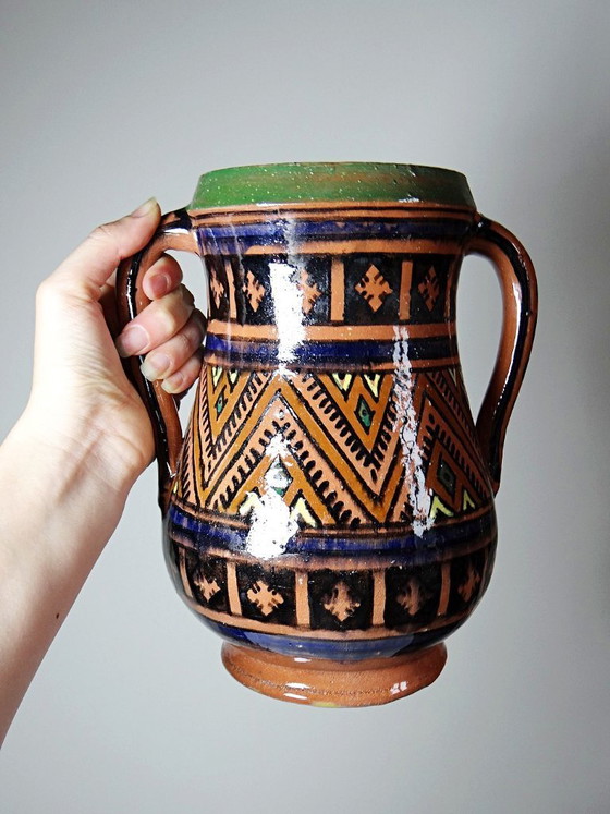 Image 1 of Large Moroccan Safi polychrome terracotta vase with two handles, 1950s-1970s
