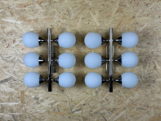Image 1 of 2x 60s 70s 6-flame Sputnik wall lights from Kaiser Leuchten opal glass