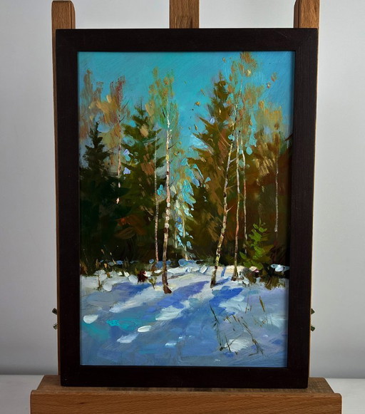 Original Oil Painting Snowy Trees Landscape Sunny winter forest