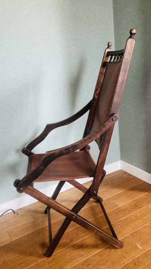 * Antieke Engelse militaire campagnestoel / safaristoel – Hout & tuigleer – ca. 1900 – klapstoelen, Wood (photo 2 of 7)