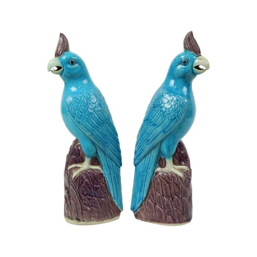 Paire de perroquets émaillés turquoise