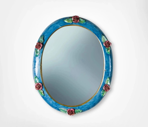 C.A.S Vietri Italië Keramische Wandspiegel met Applique Bloemen Gesigneerd