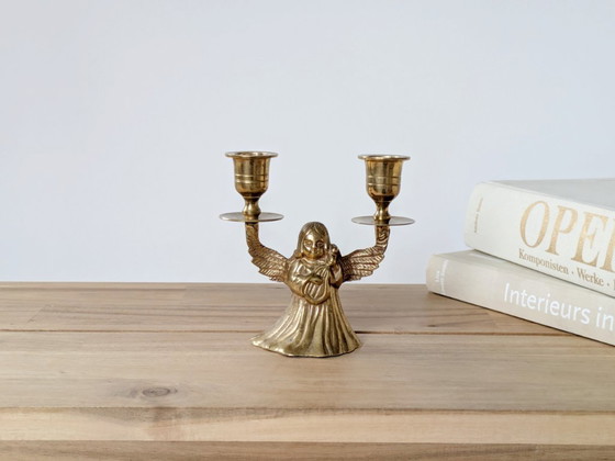 Image 1 of Midcentury Brass Candleholder, Winged Angel for 2 Candles, Christmas Brass Decor