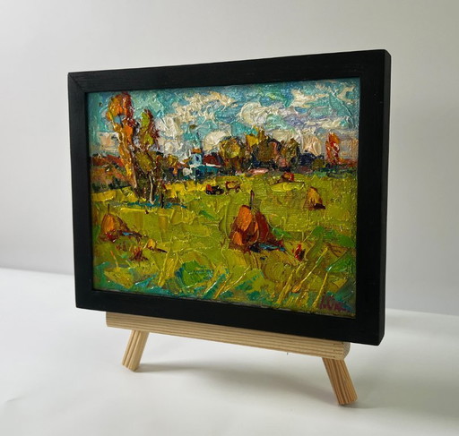 Original Oil Painting Summer Nature Landscape Sunny Day In The Field