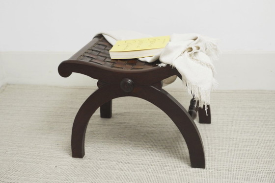 Spanish Revival Leather Stool Woven Leather Footstool Vintage Spanish Colonial Ottoman Rustic Wood Accent (photo 4 of 19)