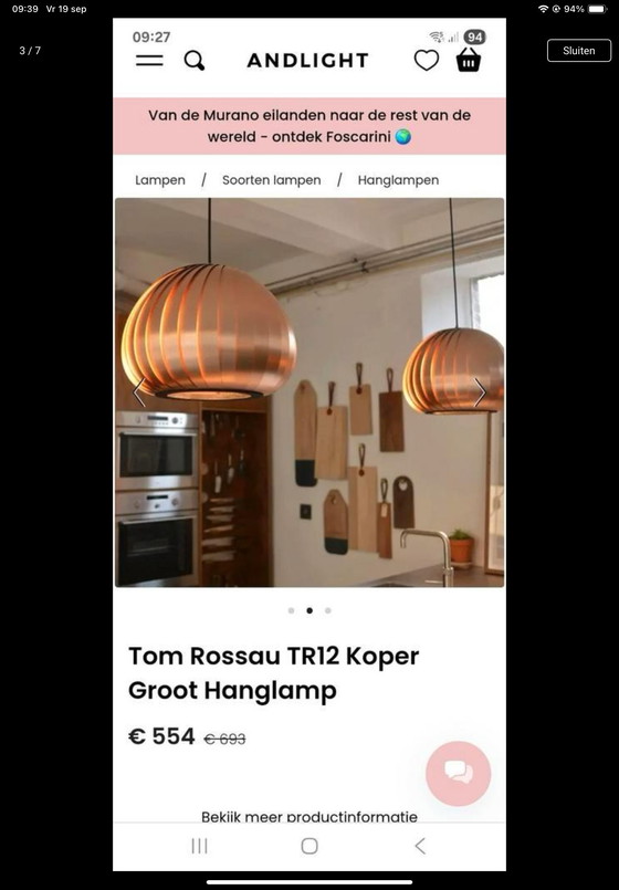 Image 1 of Tom Rossau schitterende nieuwe hanglamp TR12 groot koper