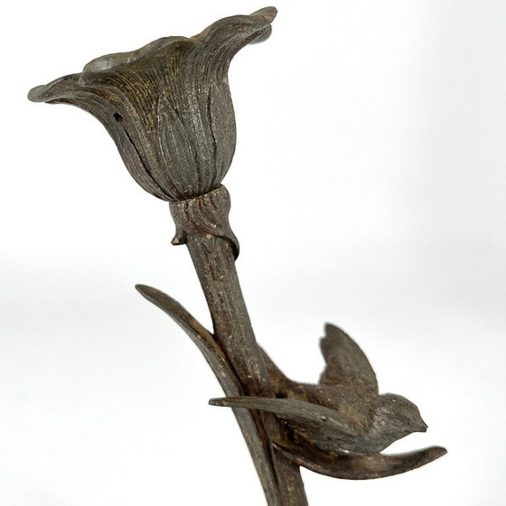 Image 1 of Antiker figürlicher Kerzenleuchter mit Vögeln, Zinkguss, um 1880–1900