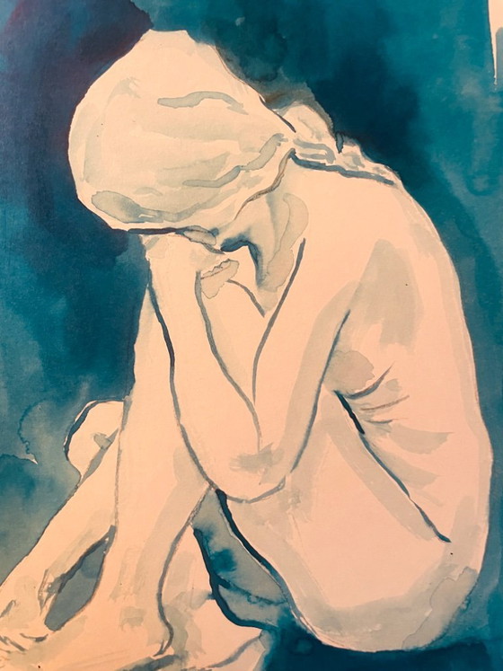 Image 1 of Set of 2 monochrome blue watercolor portraits of a woman, "blueTime"