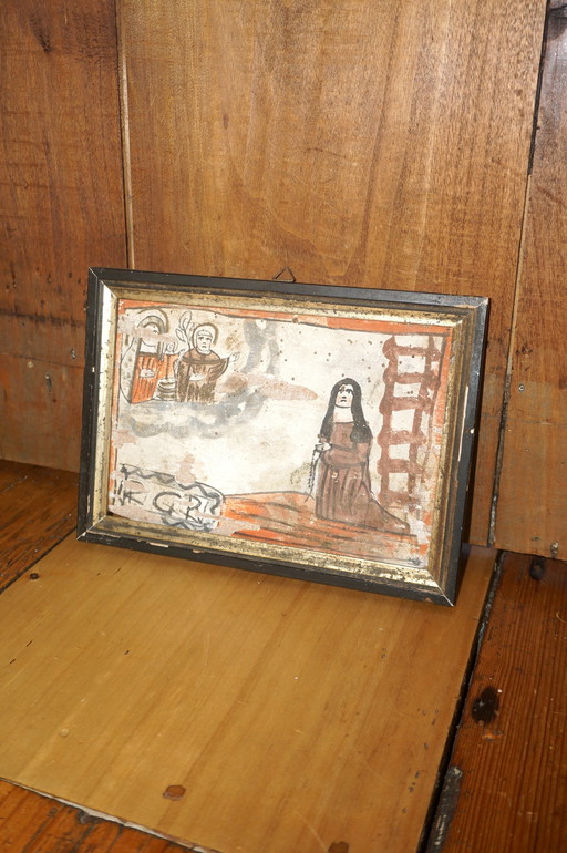 19th Century Ex-Voto Painting * Italian Religious Folk Art * Oil on Board * Sacred Heart Vision * Antique Devotional Art