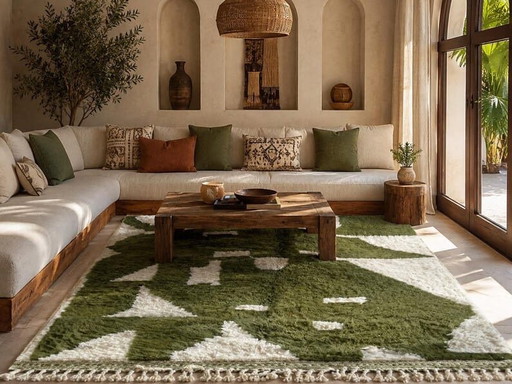 Alfombra tradicional de lana natural tejida a mano, verde y blanca, 2/3 m – Aime Té, vloerkleden en tapijten (photo 2 of 6)