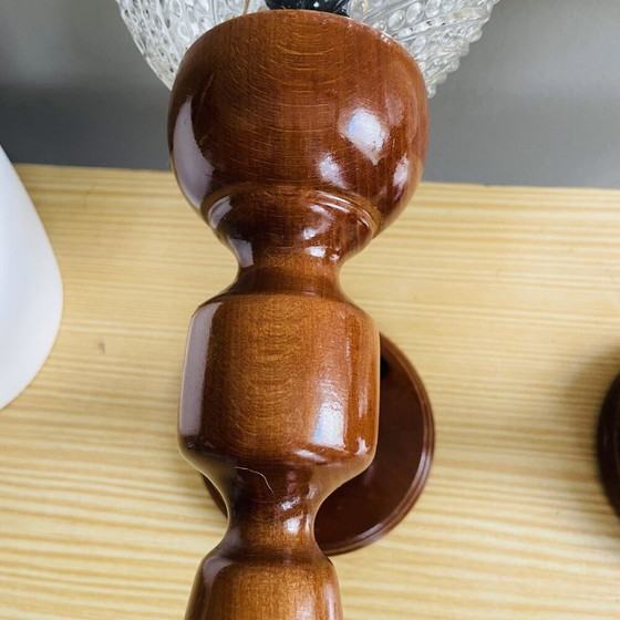 Image 1 of Apliques de pared rústicos portugueses de madera y cristal, juego de 2, década de 1990.