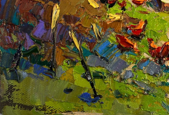 Image 1 of Original Oil Painting Summer Village Landscape Quiet evening courtyard