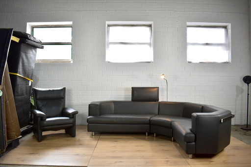 Rolf Benz leather sofa round corner with armchair, lamp and headrest leather couch corner sofa