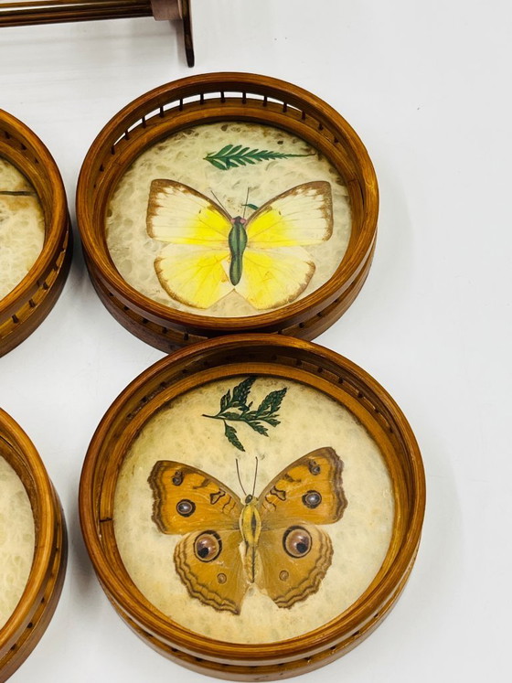 Image 1 of Vintage wooden coaster holder with 6 butterfly coasters