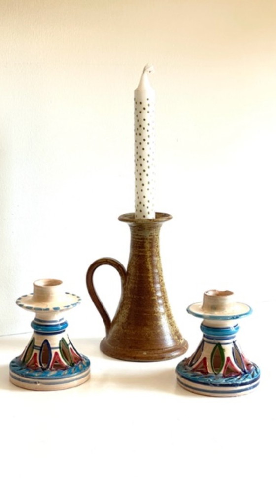 Image 1 of Joli ensemble de 3 BOUGEOIRS en Céramique et Grès Vintage, un trio Artisanale, Chic et Bohème, Poétique et aux matières Naturell