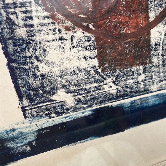 Image 1 of Abstrakter Druck in Burgunderrot und Blau, Mid-Century Modern, signiert