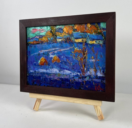 Image 1 of Original Oil Painting Winter Village Landscape Frosty stars in the evening sky