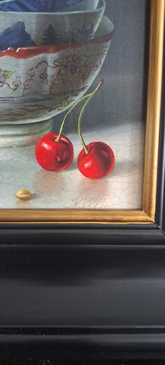 Image 1 of Bodegón con cuencos apilados y cerezas