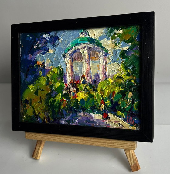 Image 1 of Peinture à l'huile originale représentant un paysage urbain estival dans un parc municipal