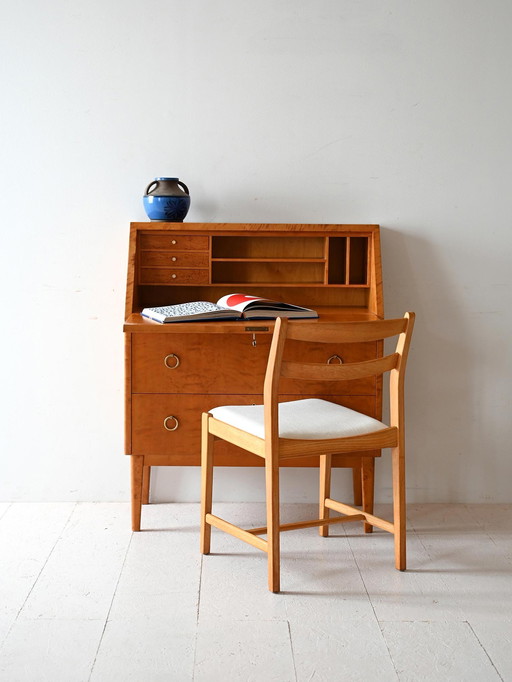 Secrétaire vintage en chêne et loupe de chêne scandinave