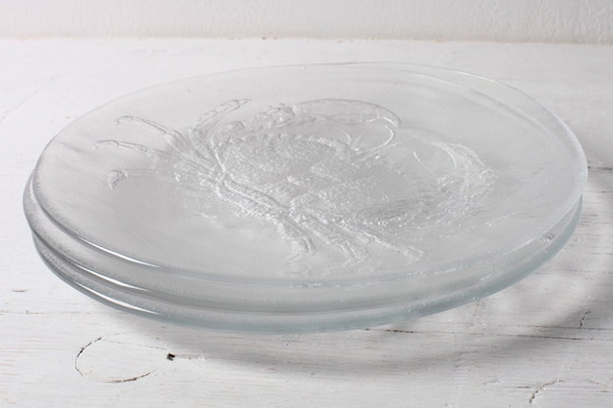 Image 1 of Set of 3 Vintage Kosta Boda Glass Dinner Plates / Marina Crab Design Sweden / 1970s
