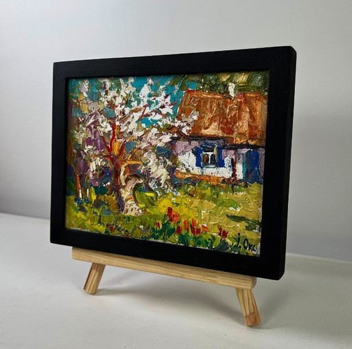 Original Oil Painting Spring Village Landscape Bright day bringing hope and warm