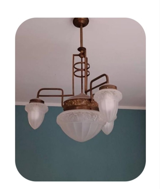 Französischer Art Déco Kronleuchter aus Bronze und Glas, Braun, Art Deco (Foto 2 von 5)