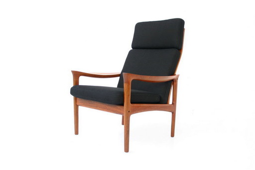 Glostrup Mid-Century Danish Teak Lounge Chair attribuita a Illum Wikkelso, rivestimento nuovo, cinghie nuove