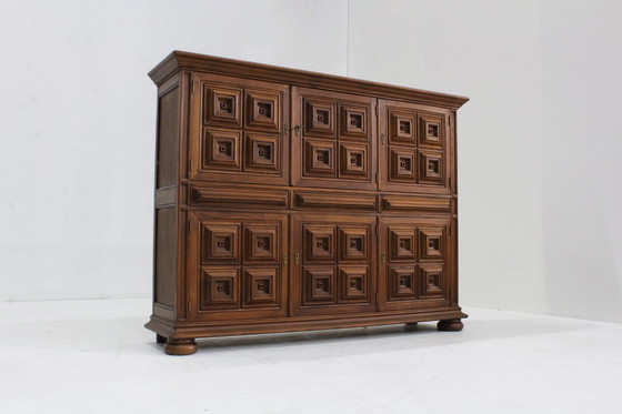 Image 1 of Vintage Spanish Brutalist high cabinet in carved solid wood