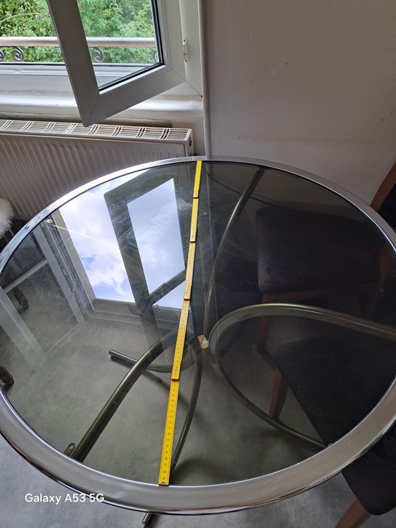 Image 1 of Round Table with Legs and Frame, 110cm Diameter Top, 100cm Diameter Glass Top, Smoked Glass Top, Chrome Finish, Smoked Glass