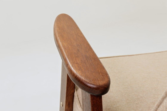 Image 1 of Vintage tweepersoonsfauteuil, eikenhout, wollen bekleding, volledig gerestaureerd.