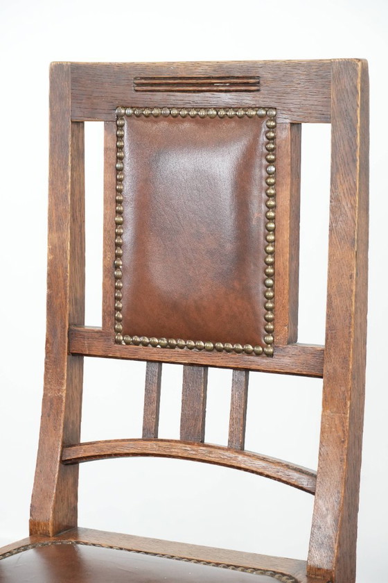 Image 1 of 4 x Antique Oak Dining Chairs in Art Nouveau Style with Cognac-Colored Cowhide Leather