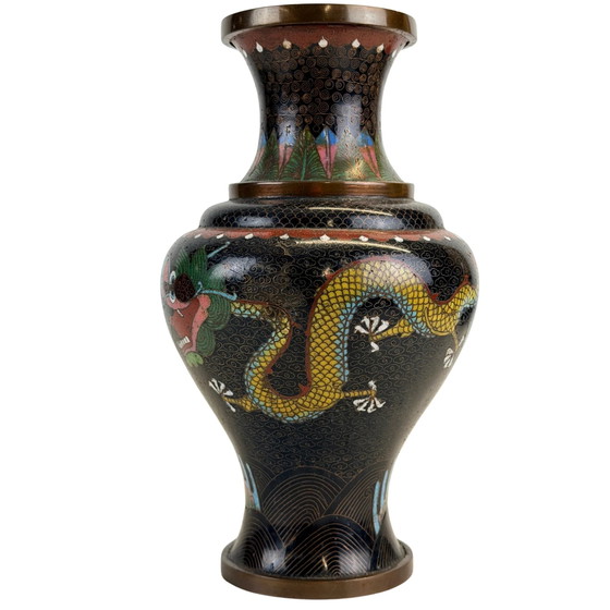 Coppia Grandi Vasi Cloisonné Cinesi – Stile Qing – Decorazione Drago Arcaico – Metal (photo 4 of 11)