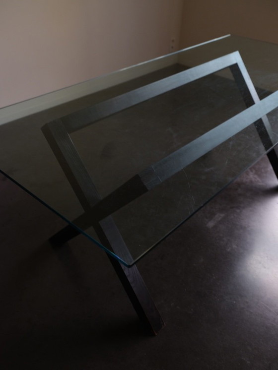 Image 1 of Glass dining table with wooden base 200x90cm