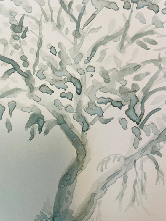 Image 1 of Signed watercolor, monochrome sage green landscape, "solitary tree"